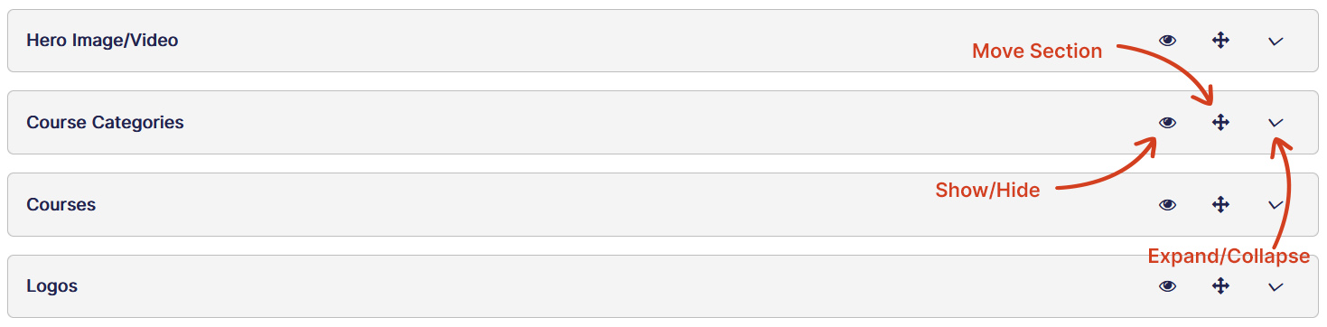 Home page section actions
