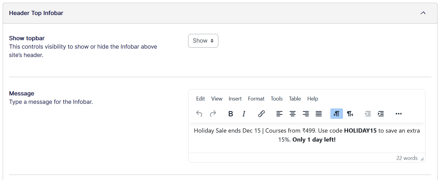 Theme general settings header infobar