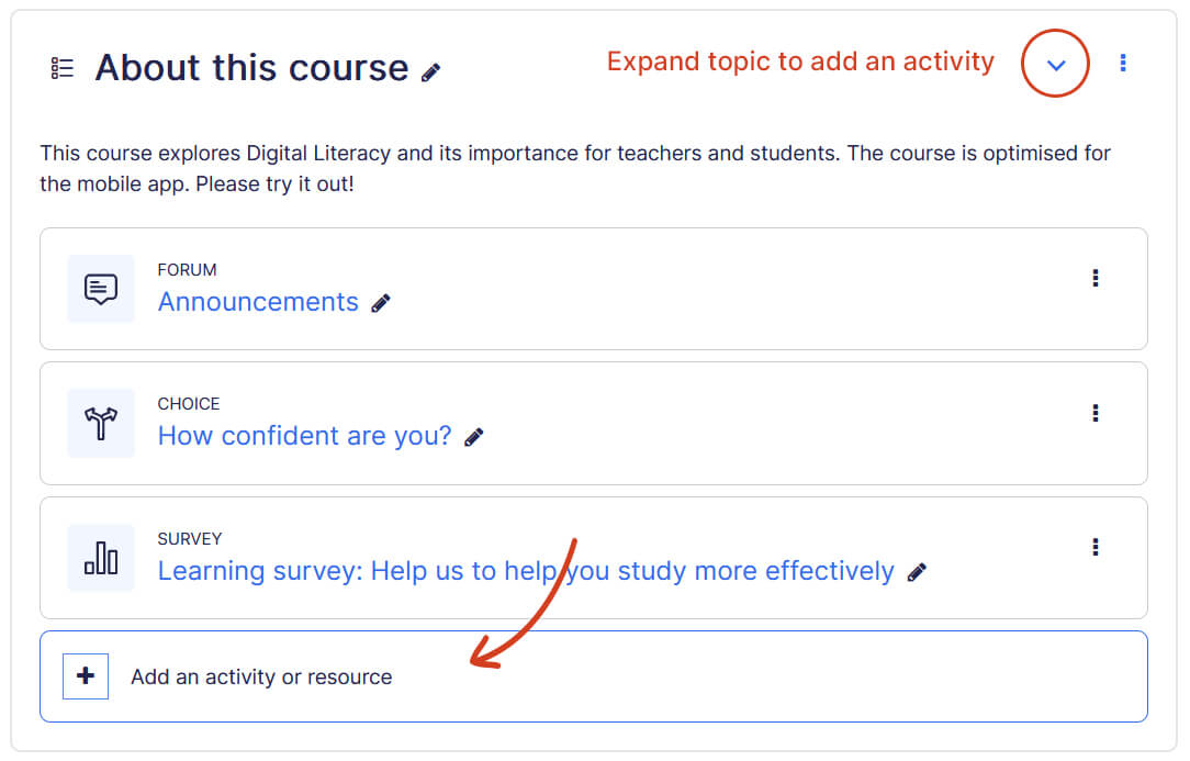 Add activity Course builder page