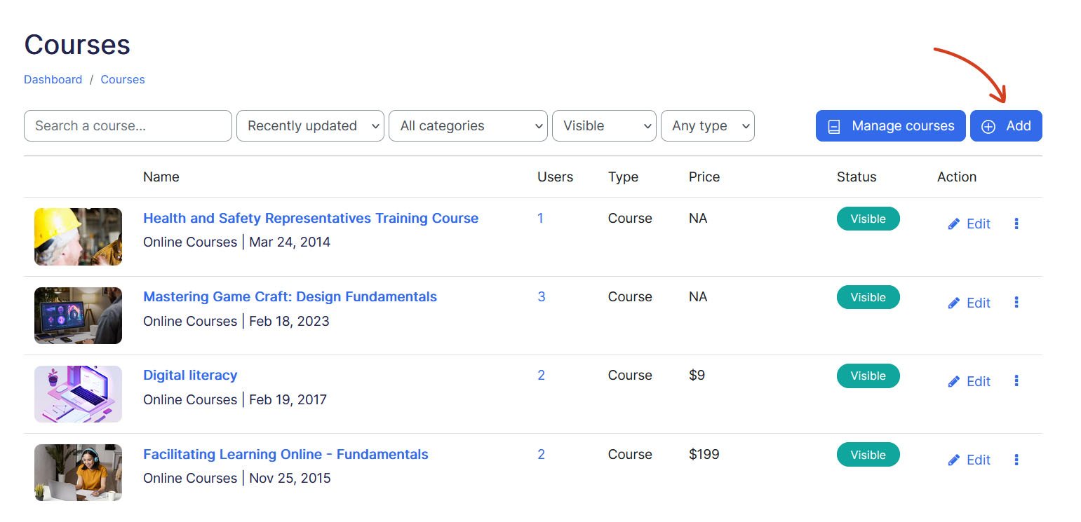 Add new course button