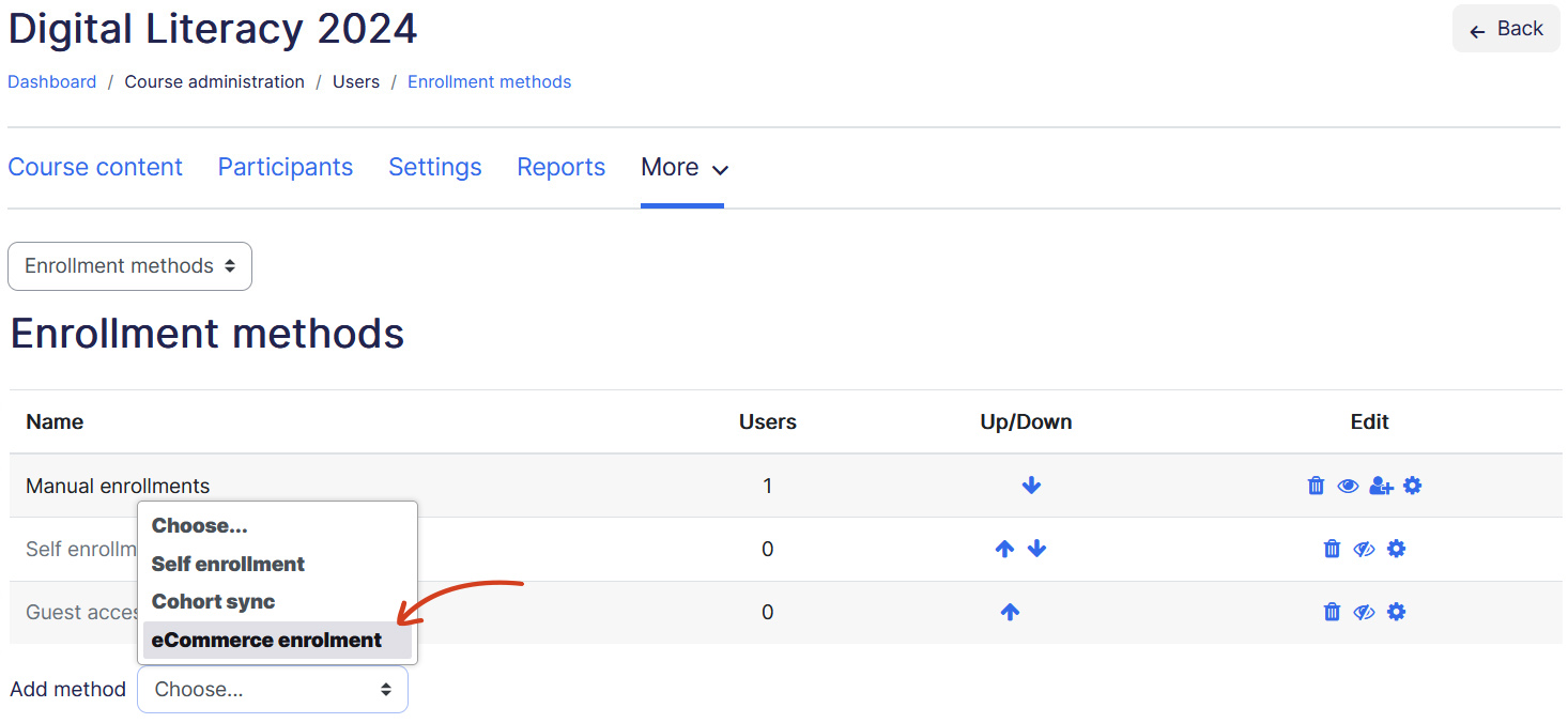 Course add eCommerce method dropdown