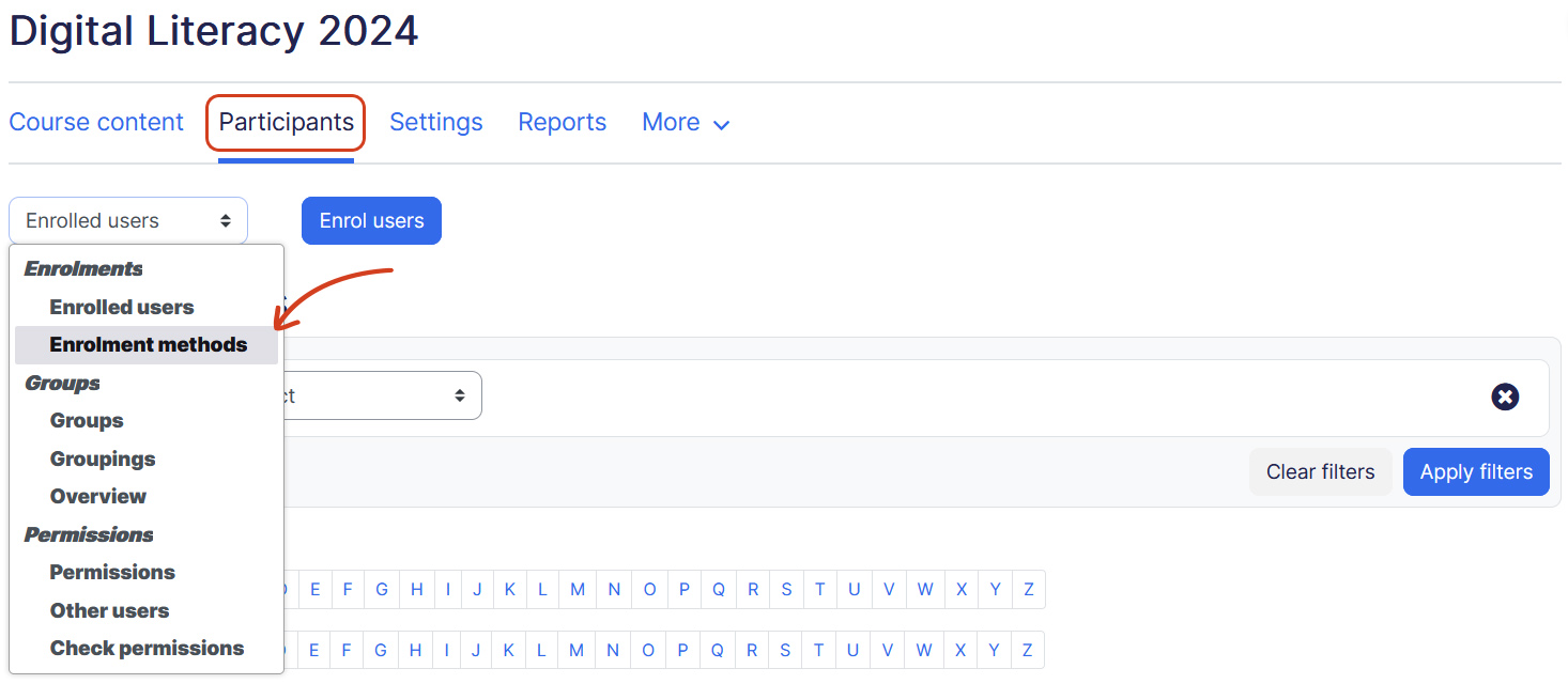 Course enrollment method dropdown