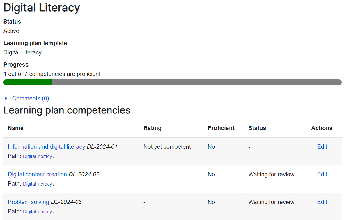 Learning plan competency list student view