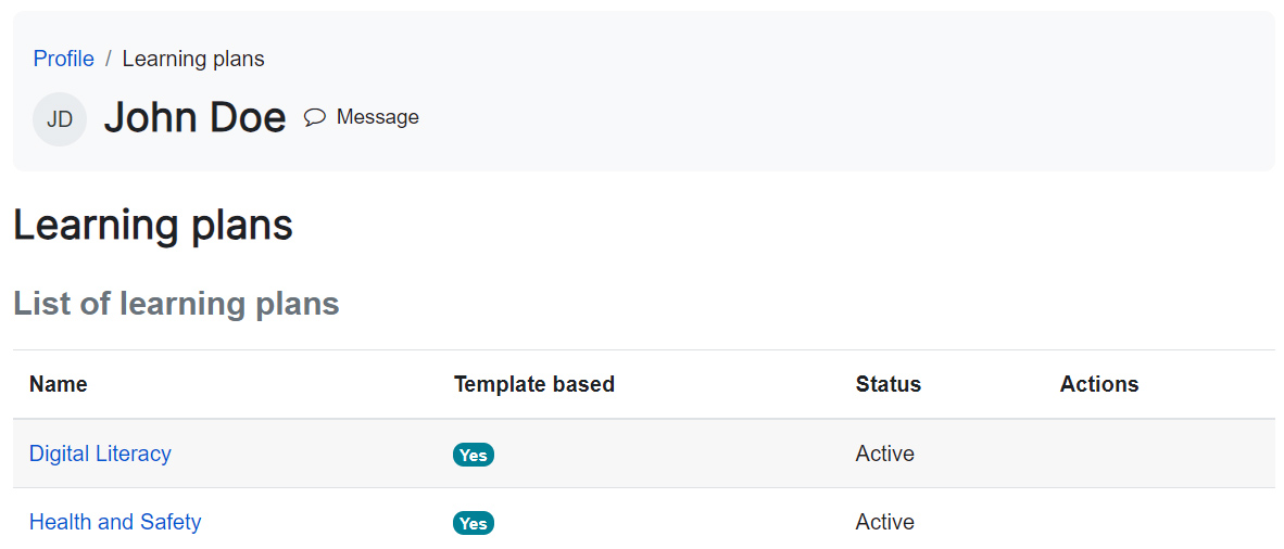 Learning plan student view from profile