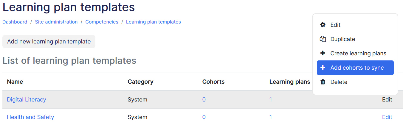 Learning plant template add cohort