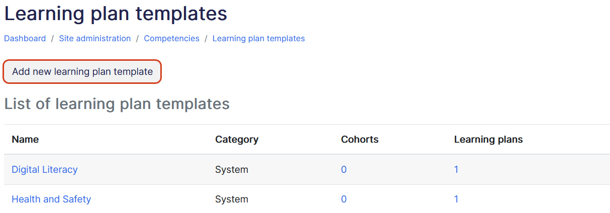 Learning plan template add button
