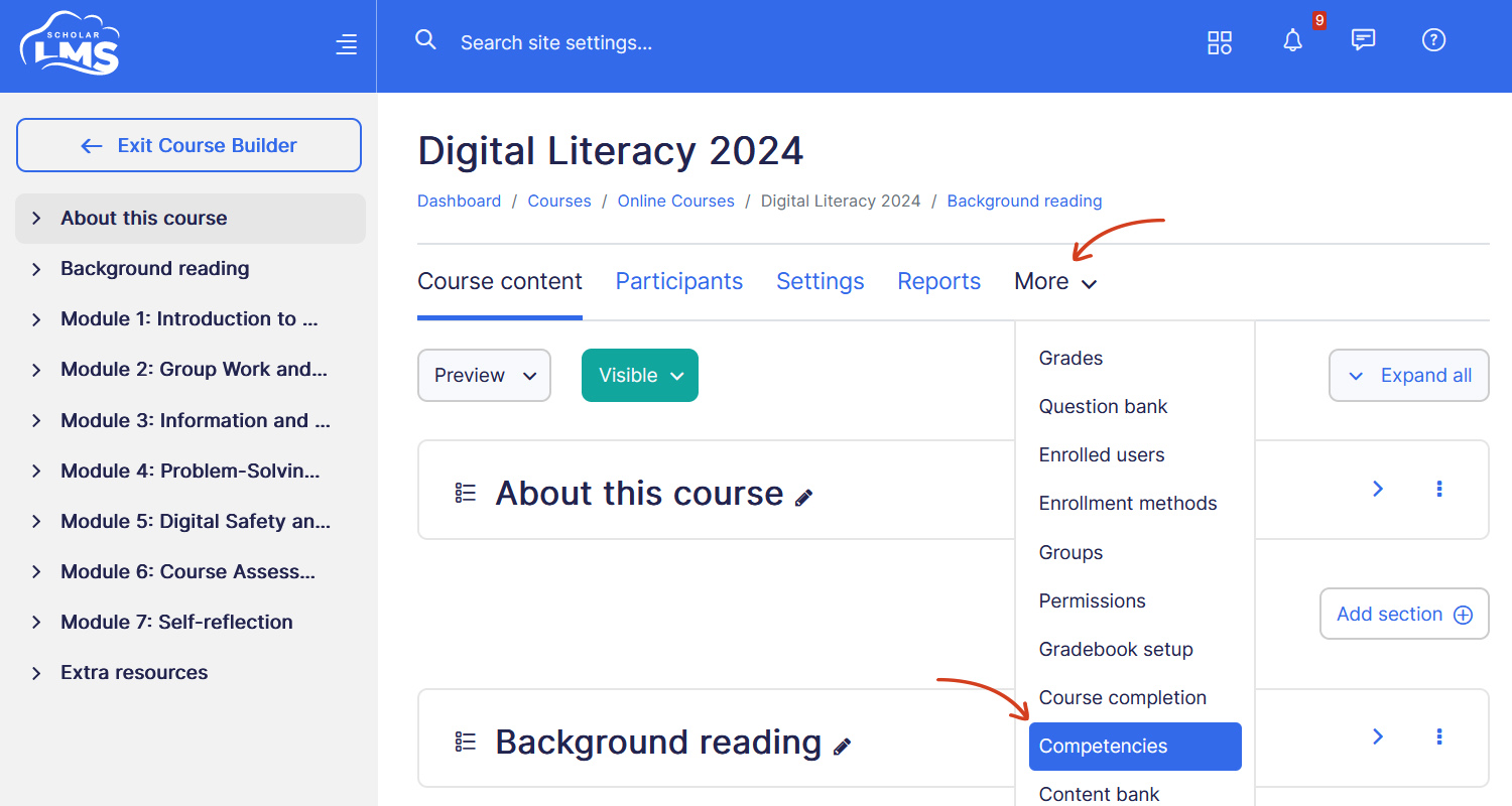 Course competency dropdown menu