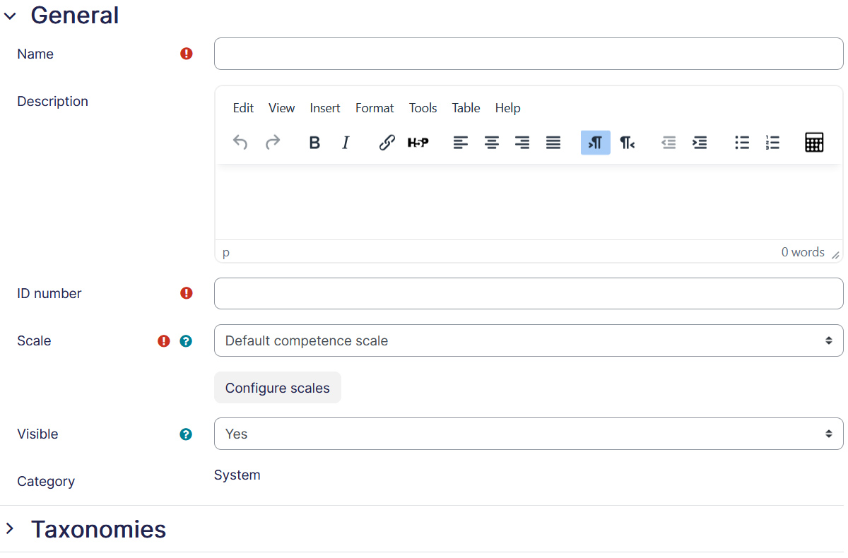 competency framework add new general tab