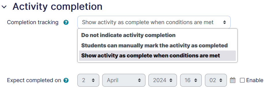 Activity Completion Options