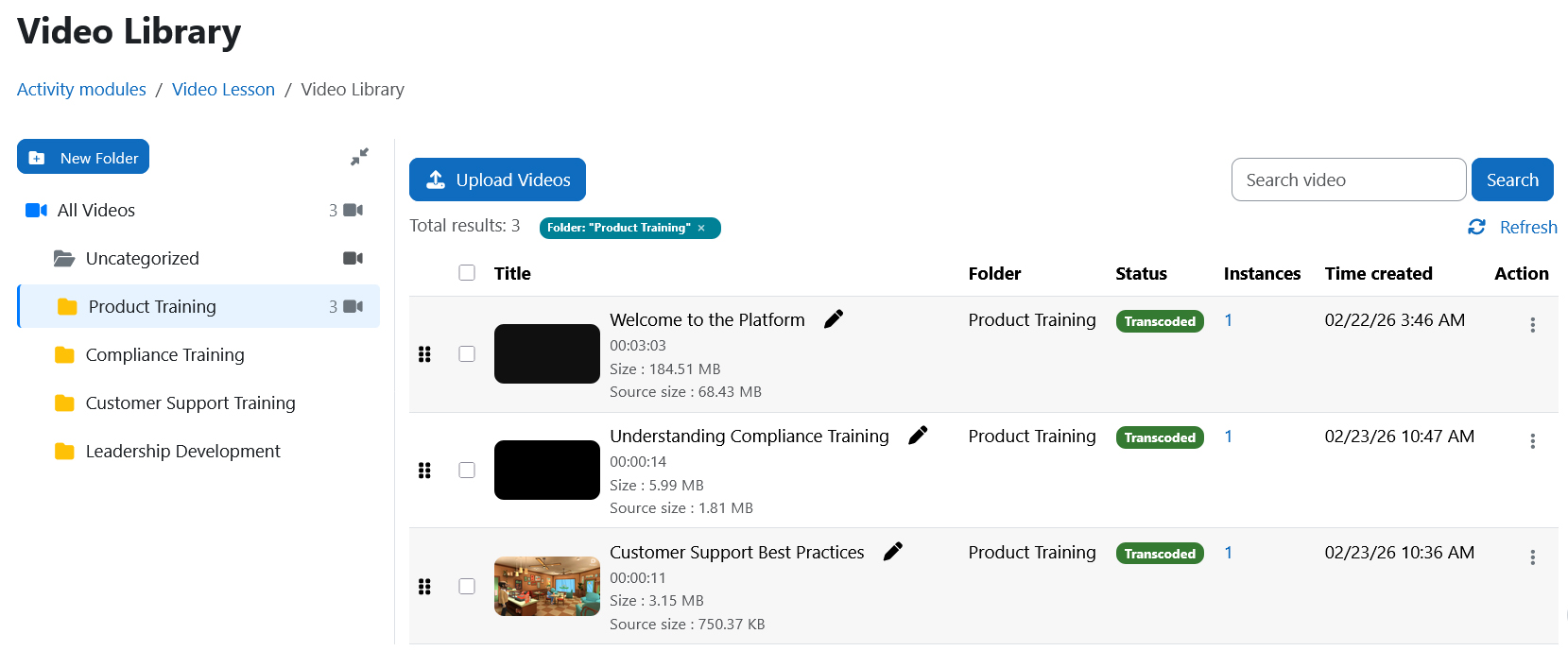 admin video library page