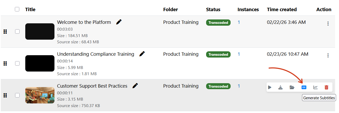 admin video library generate subtitle