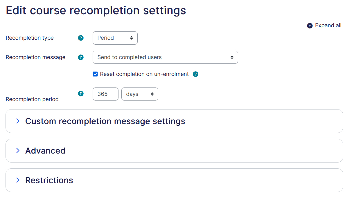 admin course recompletion